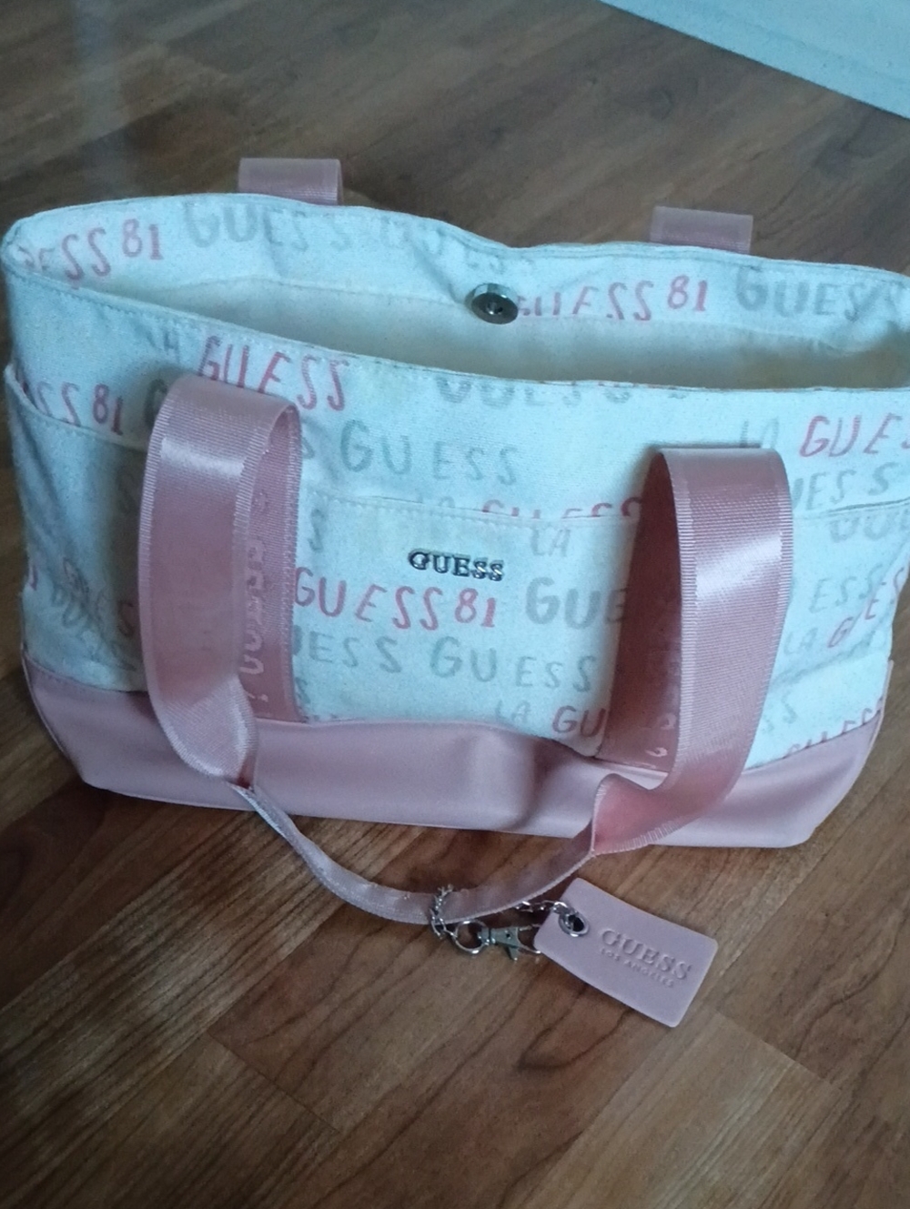 GUESS Medium Pink and Cream Logo Tote Bag